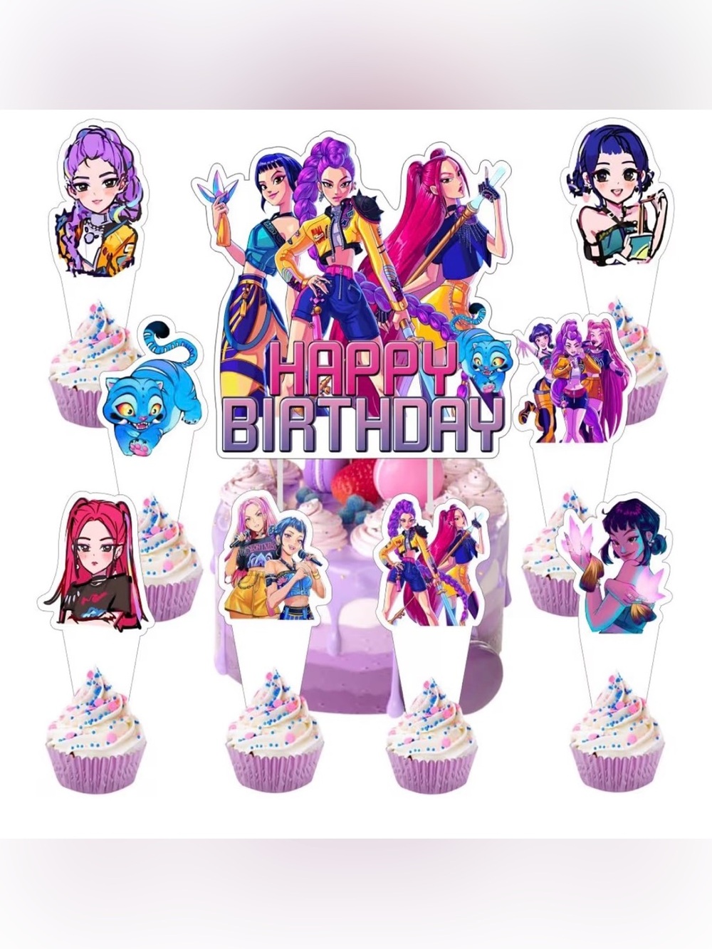 Demon Hunters birthday cake topper & cupcake toppers set